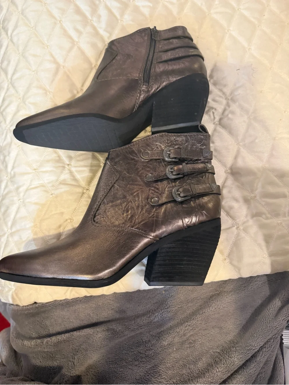 Zodiac Metallic Gray Ankle Booties with Buckle Straps